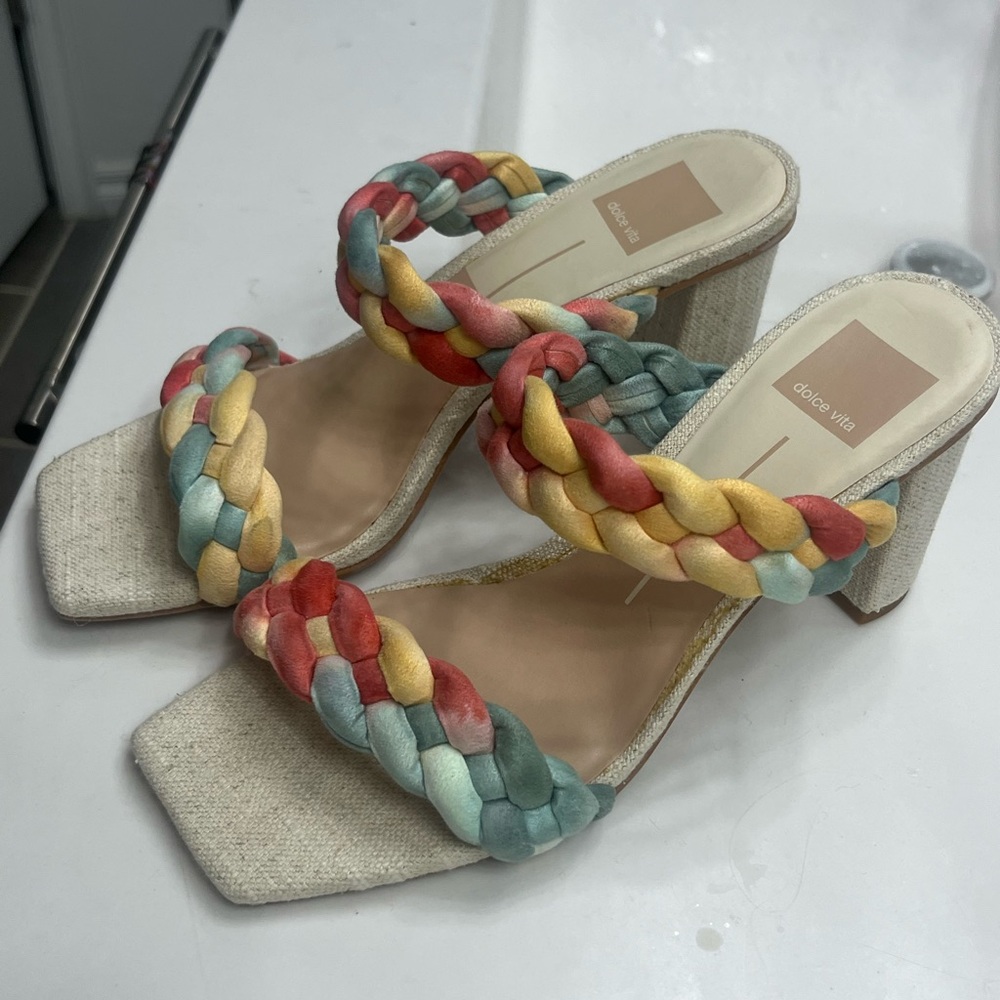Dolce Vita Paily Coral Multi Stella Suede Slip On Squared Toe Heeled Sandals